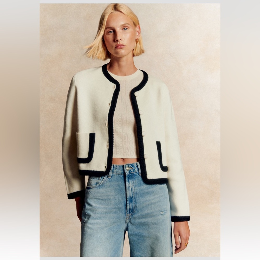 Sezane Auguste Blazer black and ecru size medium like new cotton wool blend